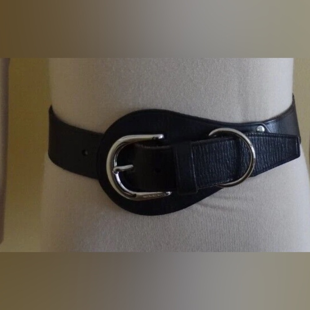 Black leather thick belt with silver hardware s&m halter style medium dom kors